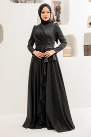 Tesettürlü Abiye Elbise - Volanlı Siyah Tesettür Abiye Elbise 22431S - Thumbnail