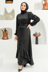 Tesettürlü Abiye Elbise - Volanlı Siyah Tesettür Abiye Elbise 4566S - Thumbnail