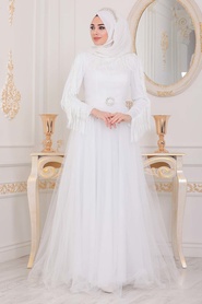 Tesettürlü Abiye Elbise - White Islamic Clothing Evening Dress 40242B - Thumbnail