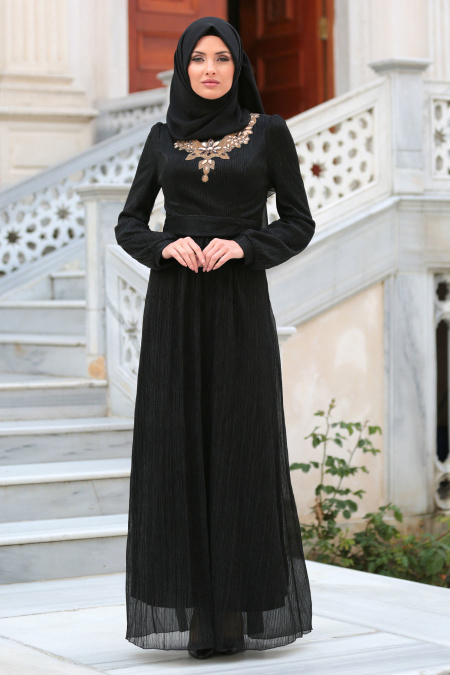 Tesettürlü Abiye Elbise - Yakası Boncuk Detaylı Siyah Tesettür Abiye Elbise 7707S