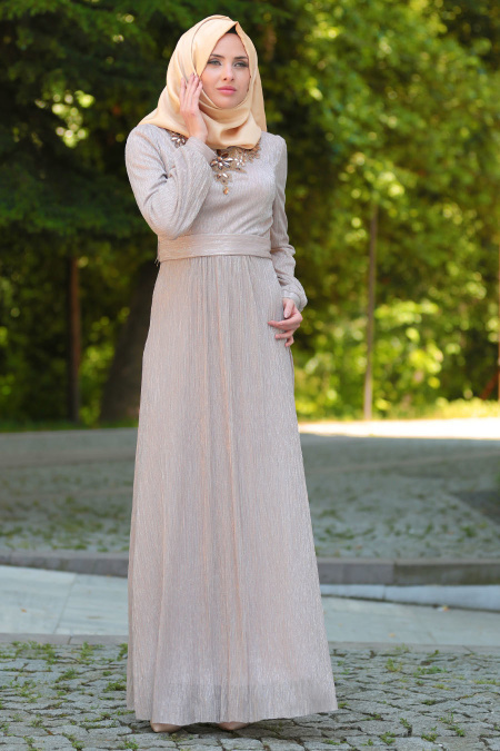 Tesettürlü Abiye Elbise - Yakası Boncuk Detaylı Vizon Tesettür Abiye Elbise 7707VZN