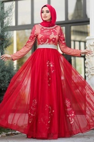 Tesettürlü Abiye Elbise - Yakası Taşlı Kırmızı Tesettür Abiye Elbise 2757K - Thumbnail