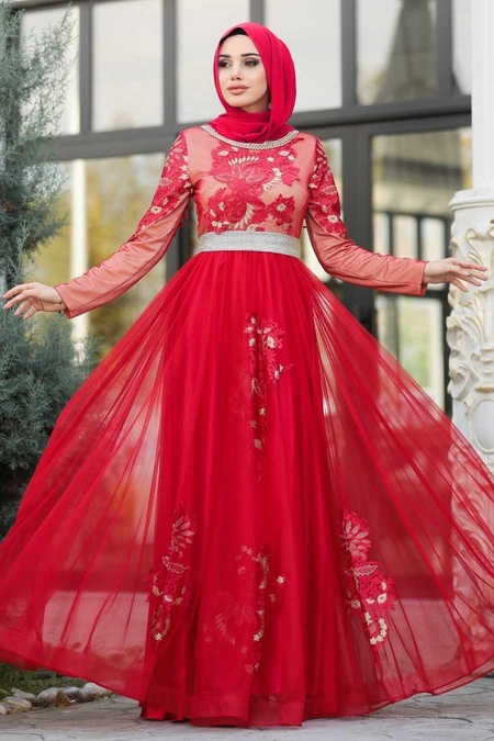 Tesettürlü Abiye Elbise - Yakası Taşlı Kırmızı Tesettür Abiye Elbise 2757K