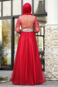 Tesettürlü Abiye Elbise - Yakası Taşlı Kırmızı Tesettür Abiye Elbise 2757K - Thumbnail