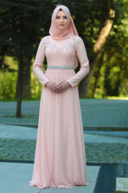 Tesettürlü Abiye Elbise - Yakası Taşlı Somon Tesettür Abiye 4200SMN - Thumbnail