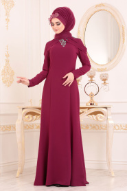 Tesettürlü Abiye Elbise - Yakası Taşlı Vişne Tesettür Abiye Elbise 20200VSN - Thumbnail