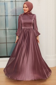 Tesettürlü Abiye Elbise - Yakası Tüy Detaylı Koyu Gül Kurusu Tesettür Abiye Elbise 21330KGK - Thumbnail