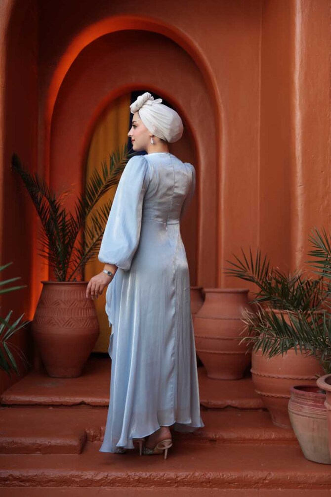 Tesettürlü Abiye Elbise - Yandan Bağlamalı Bebek Mavisi Tesettür Abiye Elbise 62191BM - 4