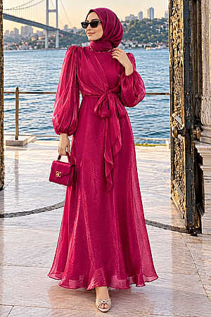 Side-Tie Burgundy Modest Evening Dress 62191BR 