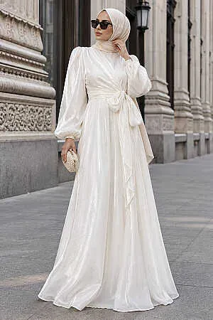 Side-Tie Ecru Modest Evening Dress 62191E 