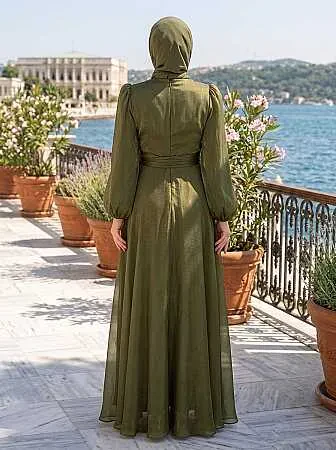 Tesettürlü Abiye Elbise - Yandan Bağlamalı Haki Tesettür Abiye Elbise 62191HK - 2