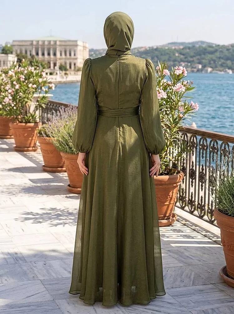 Tesettürlü Abiye Elbise - Yandan Bağlamalı Haki Tesettür Abiye Elbise 62191HK - 2
