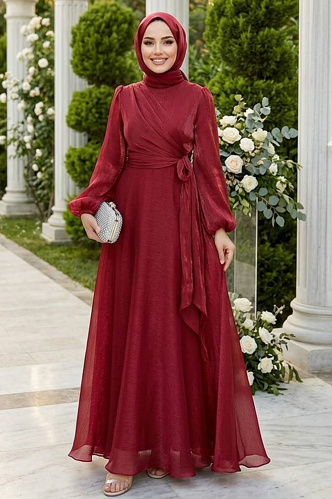 Tesettürlü Abiye Elbise - Yandan Bağlamalı Kırmızı Tesettür Abiye Elbise 62191K - 1