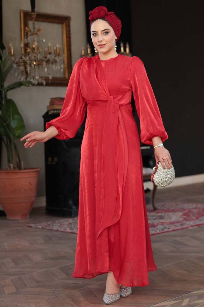 Tesettürlü Abiye Elbise - Yandan Bağlamalı Kırmızı Tesettür Abiye Elbise 62191K - TESETTÜRLÜ ABİYE ELBİSELER