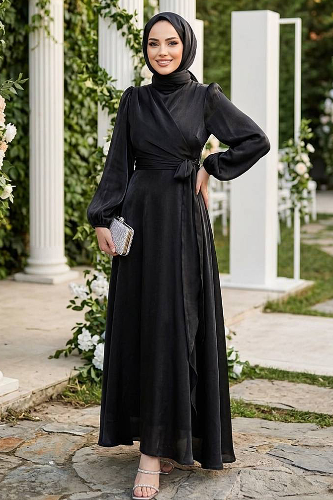 Tesettürlü Abiye Elbise - Yandan Bağlamalı Siyah Tesettür Abiye Elbise 62191S - 1