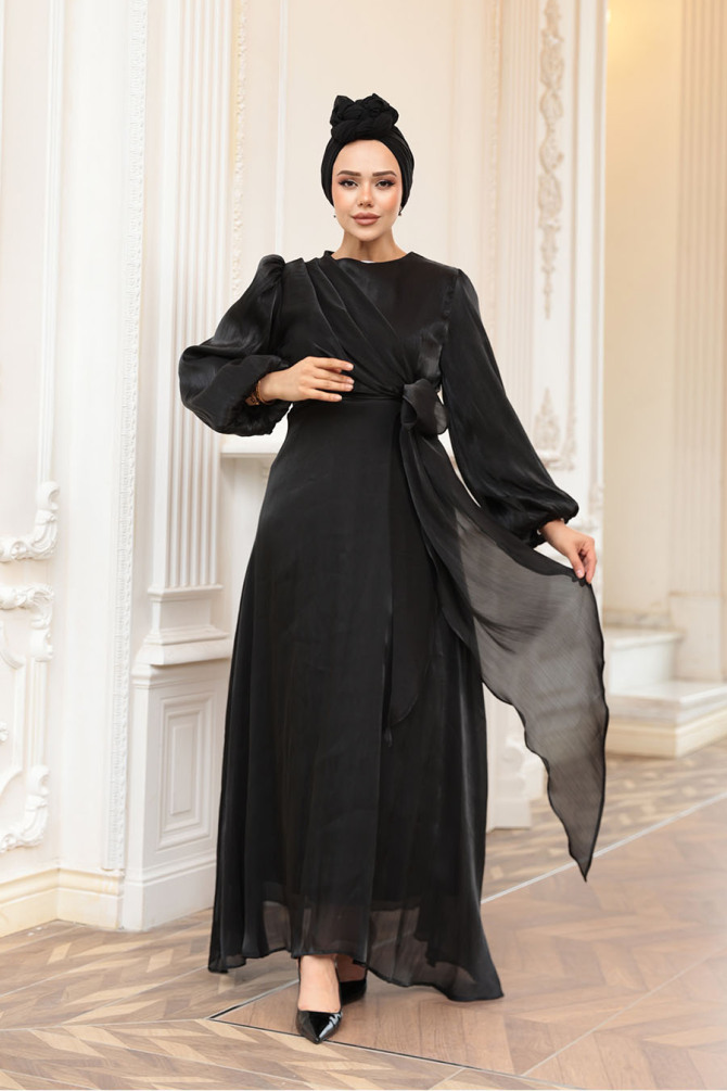 Tesettürlü Abiye Elbise - Yandan Bağlamalı Siyah Tesettür Abiye Elbise 62191S - TESETTÜRLÜ ABİYE ELBİSELER