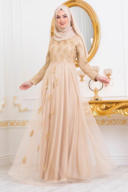Tesettürlü Abiye Elbise - Yaprak Desenli Gold Tesettür Abiye Elbise 3122GOLD - 2