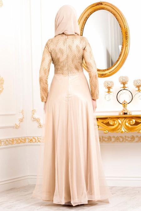 Tesettürlü Abiye Elbise - Yaprak Desenli Gold Tesettür Abiye Elbise 3122GOLD - 3