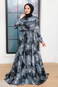 Tesettürlü Abiye Elbise - Yaprak Desenli Siyah Saten Tesettür Abiye Elbise 35670S - Thumbnail