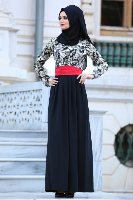 Tesettürlü Abiye Elbise - Yaprak Desenli Siyah Tesettür Abiye Elbise 20840S