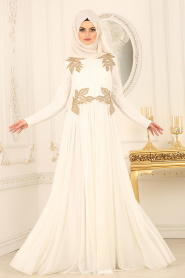 Tesettürlü Abiye Elbise - Yaprak Detaylı Beyaz Tesettürlü Abiye Elbise 1130B - Thumbnail