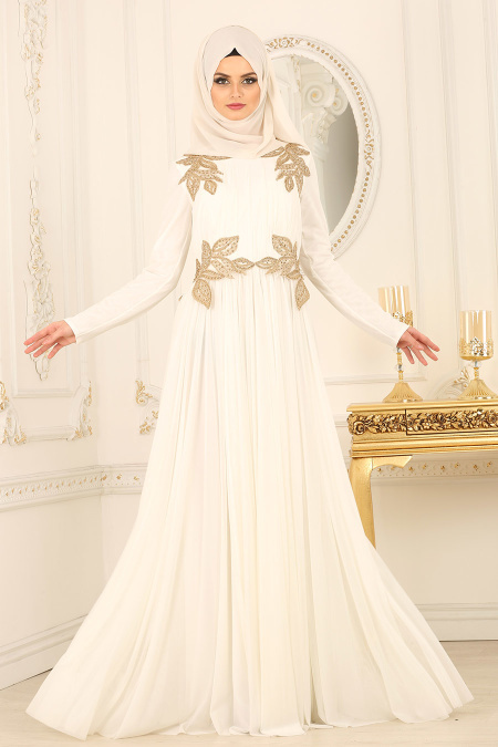 Tesettürlü Abiye Elbise - Yaprak Detaylı Beyaz Tesettürlü Abiye Elbise 1130B