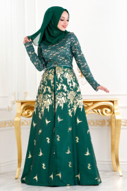 Tesettürlü Abiye Elbise - Yeşil Jakarlı Tesettür Abiye Elbise 82443Y - Thumbnail