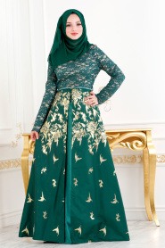 Tesettürlü Abiye Elbise - Yeşil Jakarlı Tesettür Abiye Elbise 82443Y - Thumbnail