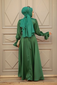 Tesettürlü Abiye Elbise - Yeşil Tesettür Saten Abiye Elbise 5983Y - Thumbnail