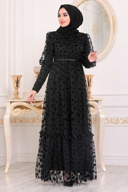 Tesettürlü Abiye Elbise - Yıldız Detaylı Siyah Tesettür Abiye Elbise 22840S - Thumbnail