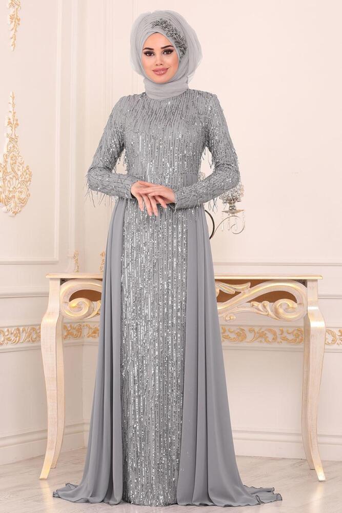 Tesettürlü Abiye Elbisele - Pul Payetli Gri Tesettür Abiye Elbise 8651GR - 1