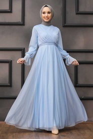 Tesettürlü Abiye Elbiseler - Bebek Mavisi Tesettür Abiye Elbise 22202BM - Thumbnail
