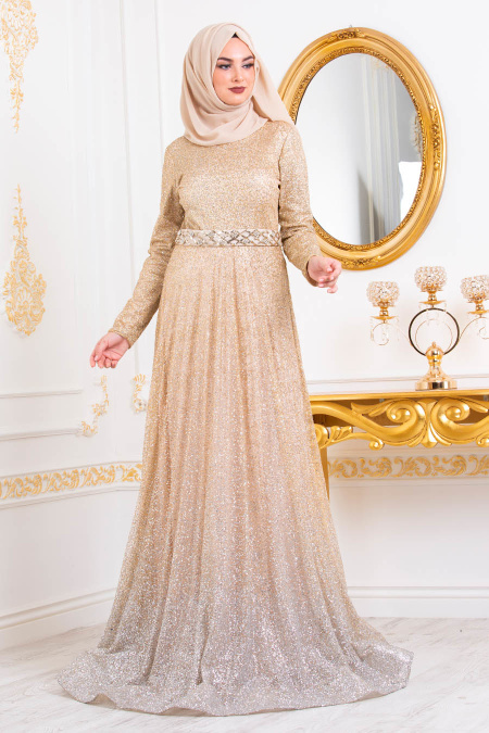Tesettürlü Abiye Elbiseler - Pırıltılı Gold Tesettür Abiye Elbise - 4581GOLD