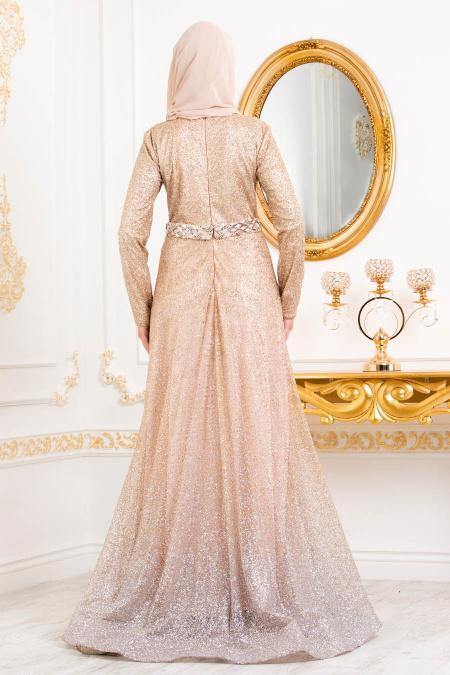 Tesettürlü Abiye Elbiseler - Pırıltılı Gold Tesettür Abiye Elbise - 4581GOLD - 2