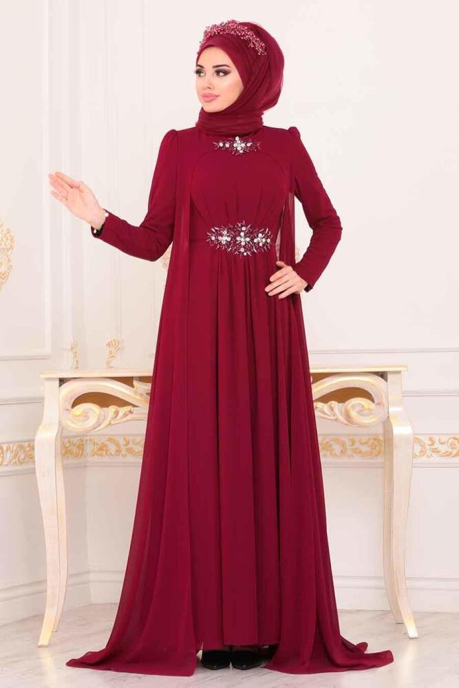 Tesettürlü Abiye Elbiseler - Boncuk Detaylı Bordo Tesettür Abiye Elbise 3851BR - 1