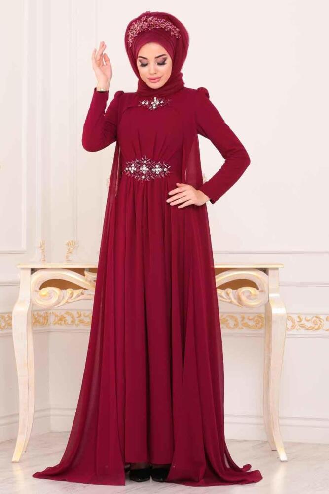 Tesettürlü Abiye Elbiseler - Boncuk Detaylı Bordo Tesettür Abiye Elbise 3851BR - 2