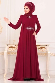 Tesettürlü Abiye Elbiseler - Boncuk Detaylı Bordo Tesettür Abiye Elbise 3851BR - Thumbnail