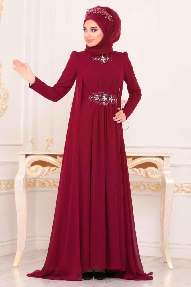 Tesettürlü Abiye Elbiseler - Boncuk Detaylı Bordo Tesettür Abiye Elbise 3851BR - 3