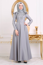 Tesettürlü Abiye Elbiseler - Boncuk Detaylı Gri Tesettür Abiye Elbise 3695GR - Thumbnail