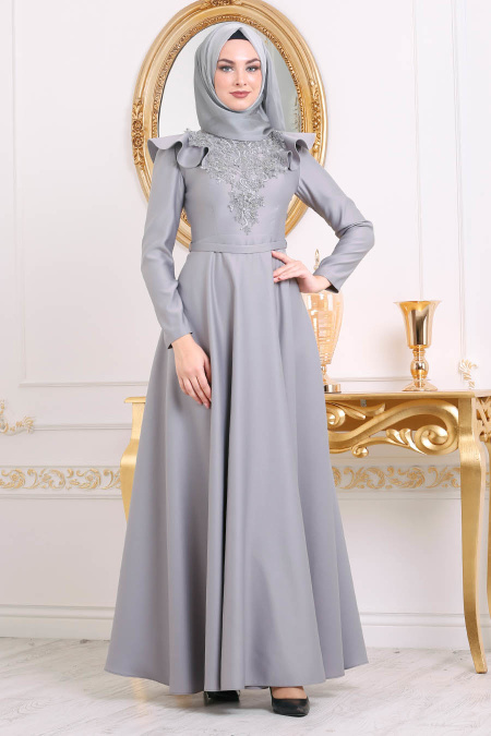 Tesettürlü Abiye Elbiseler - Boncuk Detaylı Gri Tesettür Abiye Elbise 3695GR