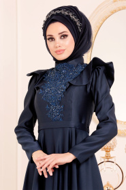 Tesettürlü Abiye Elbiseler - Boncuk Detaylı Lacivert Tesettür Abiye Elbise 3695L - Thumbnail