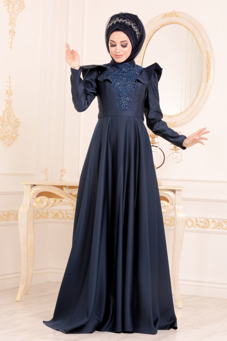 Tesettürlü Abiye Elbiseler - Boncuk Detaylı Lacivert Tesettür Abiye Elbise 3695L