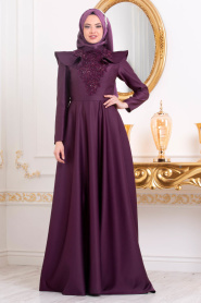 Tesettürlü Abiye Elbiseler - Boncuk Detaylı Mor Tesettür Abiye Elbise 3695MOR - Thumbnail
