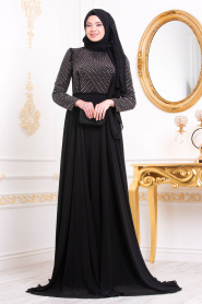 Tesettürlü Abiye Elbiseler - Boncuk Detaylı Siyah Tesettür Abiye Elbise - 37230S - Thumbnail