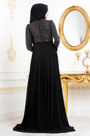Tesettürlü Abiye Elbiseler - Boncuk Detaylı Siyah Tesettür Abiye Elbise - 37230S - Thumbnail