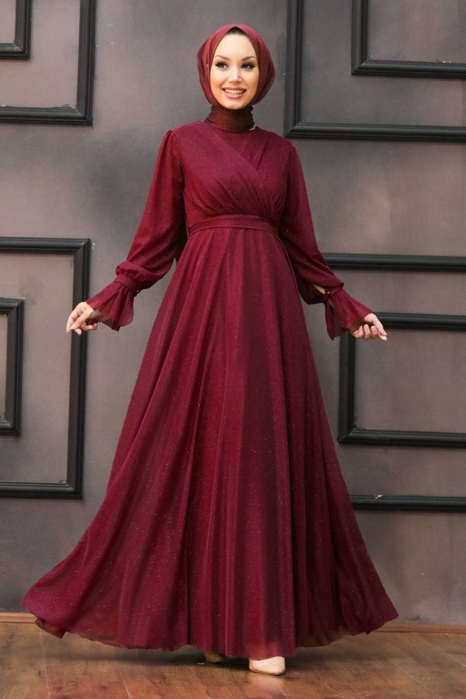 Tesettürlü Abiye Elbiseler - Bordo Tesettür Abiye Elbise 22202BR - 1
