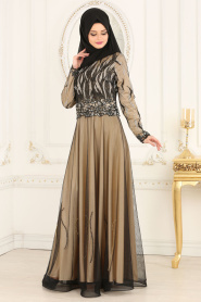 Tesettürlü Abiye Elbiseler - Dantel Detaylı Siyah Tesettür Abiye Elbise 3175S - Thumbnail