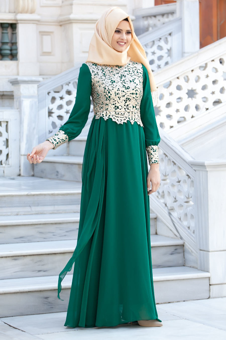 Tesettürlü Abiye Elbiseler - Dantel Detaylı Yeşil Abiye 2211Y