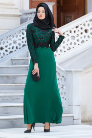 Tesettürlü Abiye Elbiseler - Dantelli Yeşil Abiye - Thumbnail