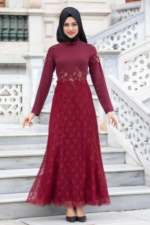 Tesettürlü Abiye Elbiseler - Eteği Dantelli Bordo Abiye - 1